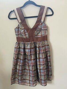 Anthropologie Brown and Blue Silk Sleeveless Mini Dress